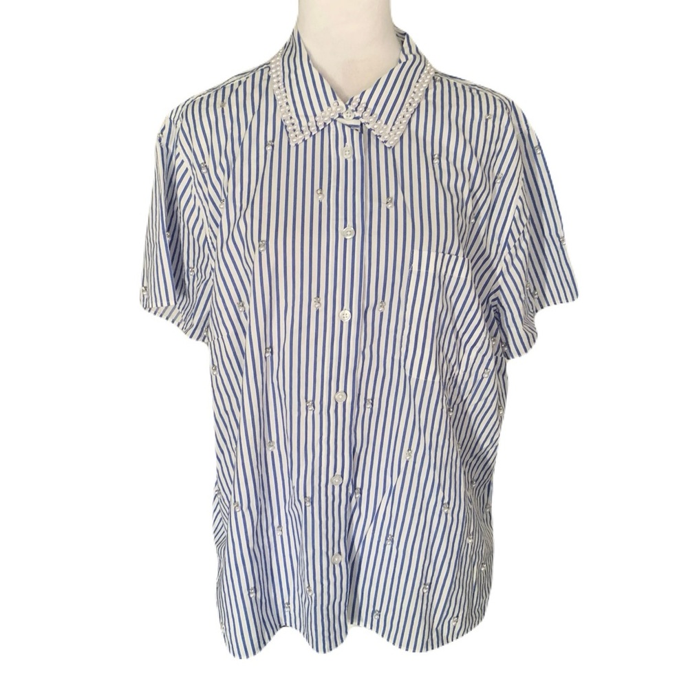 NWT Talbots Blue & White Striped Button-Down Pearl Rhinestone Embellished Shirt